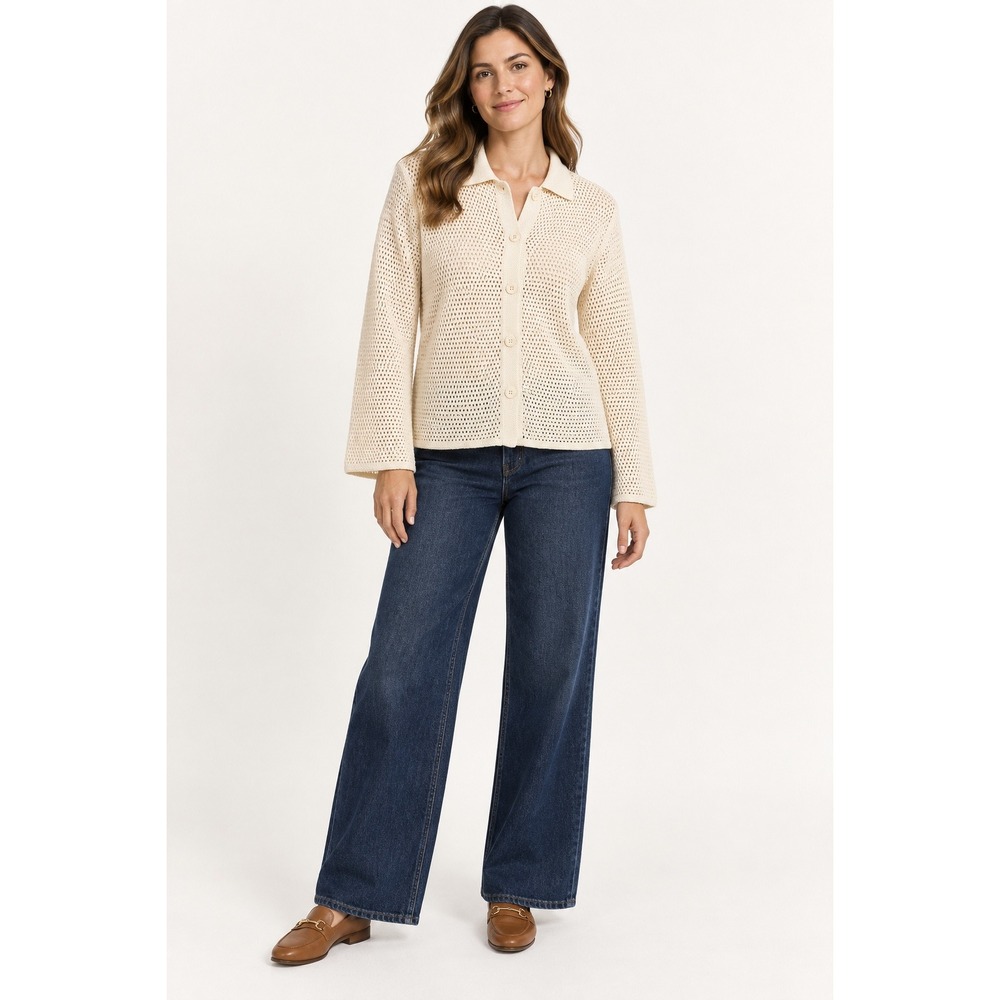 Halogen Women's M Ivory Open Knit Crochet Collared Button Cardigan Sweater